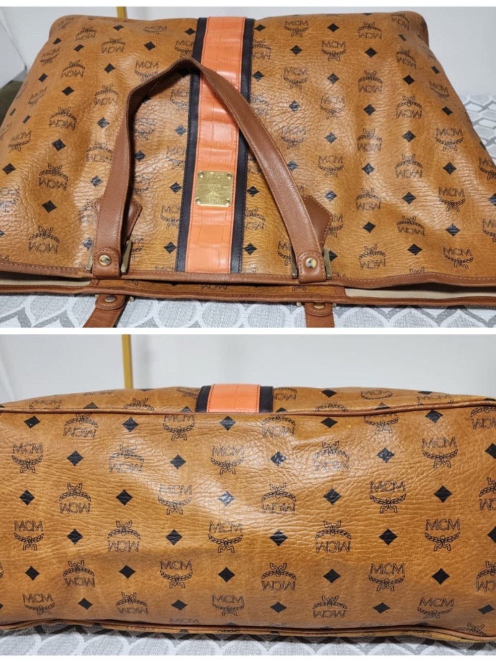 Authentic MCM Visetos Shopper Stripe XL Tote Bag Brown/Peach - Picture 14 of 14